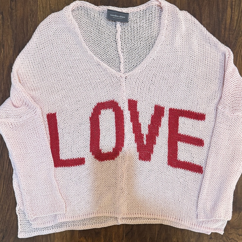 Wooden Ships Pink V-Neck Valentine Sweater with Red 'LOVE' Design